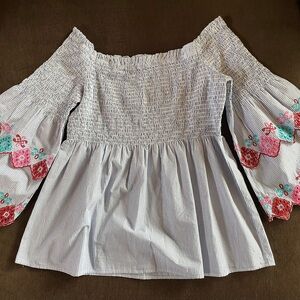 LOFT Blue and White Embroidered Flowery Top